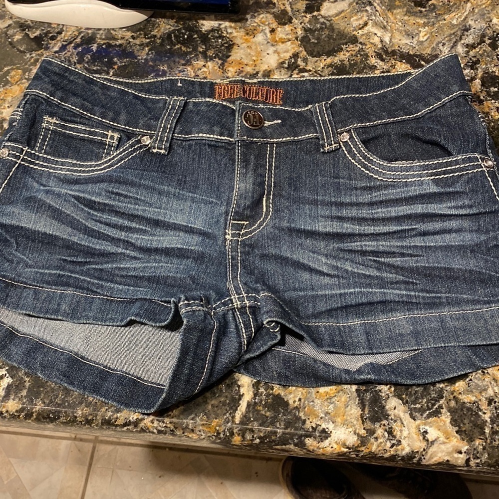 Juniors Free Culture solid blue stretch short denim shorts size 13